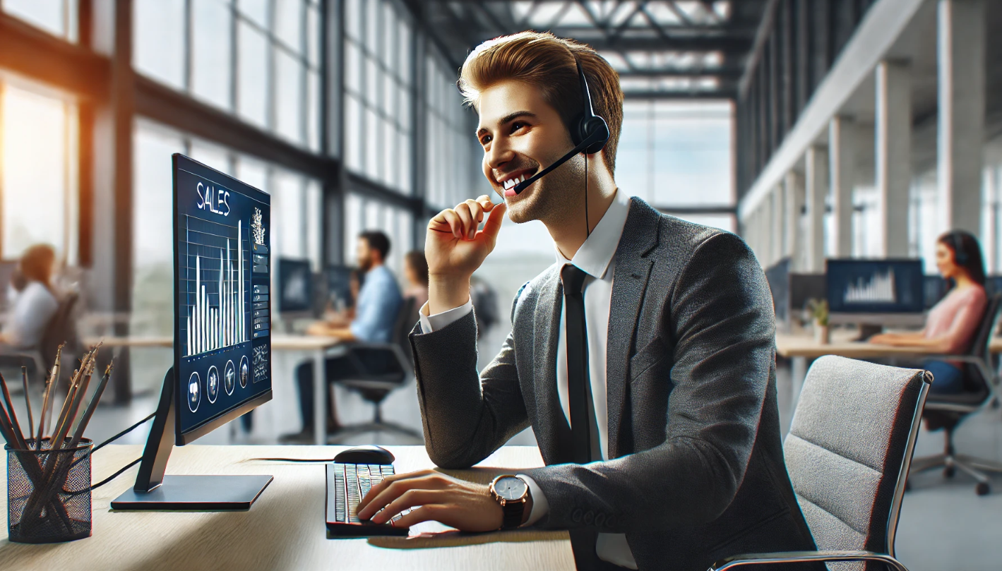Pracownik call center podczas rozmowy telefonicznej, wykorzystujący techniki Psychologia sprzedaży telefonicznej w nowoczesnym biurze, aby skutecznie zwiększać sprzedaż i budować relacje z klientami.